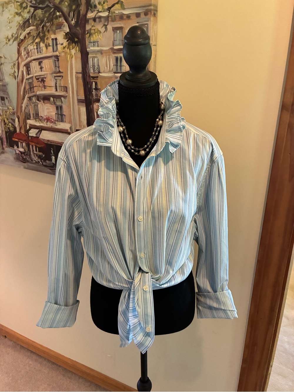 Perry Ellis Light Blue and White Striped Ruffle Collar Button-Front Shirt